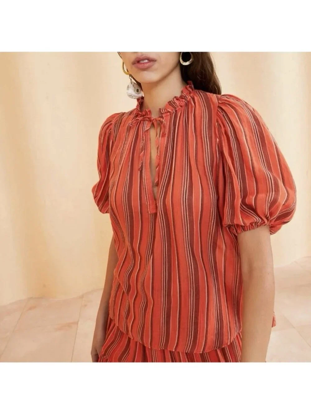 Ulla Johnson Oona Orange Striped Blouse Short Puff Sleeve Top Women’s Size 2